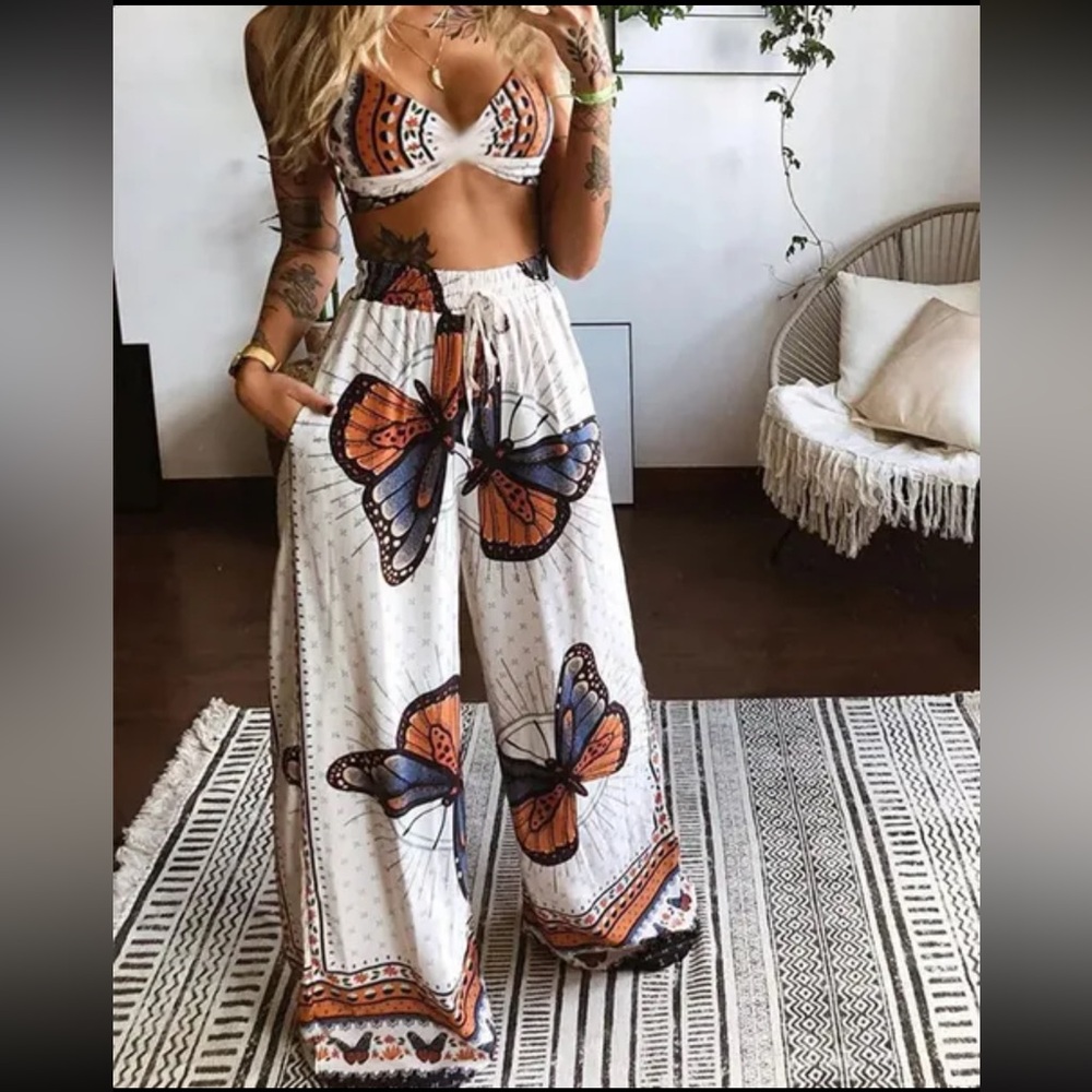 Butterfly Print Wide Leg Festival 2pc Outfit